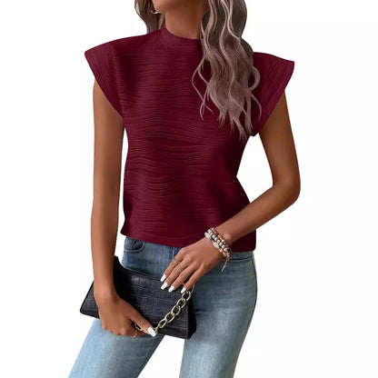 European and American cross-border 2025 Amazon independent station summer new semi-turtleneck textured wavy strip button short-sleeved top - Mixbatch
