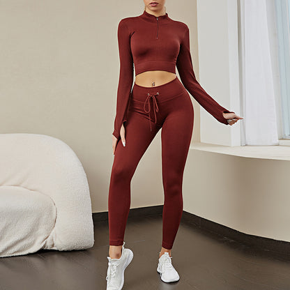 A Seamless Sports Fitness Clothing Skinny Breathable Long Sleeve Yoga Clothing Elastic Fitness Yoga Pants Yoga Suit Women