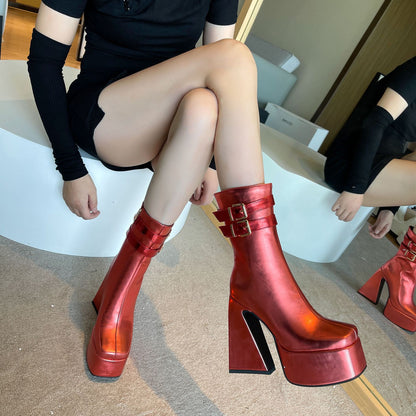 A Hollow Women's Waterproof Platform High Heel Square Head Side Zipper Fashion Boots