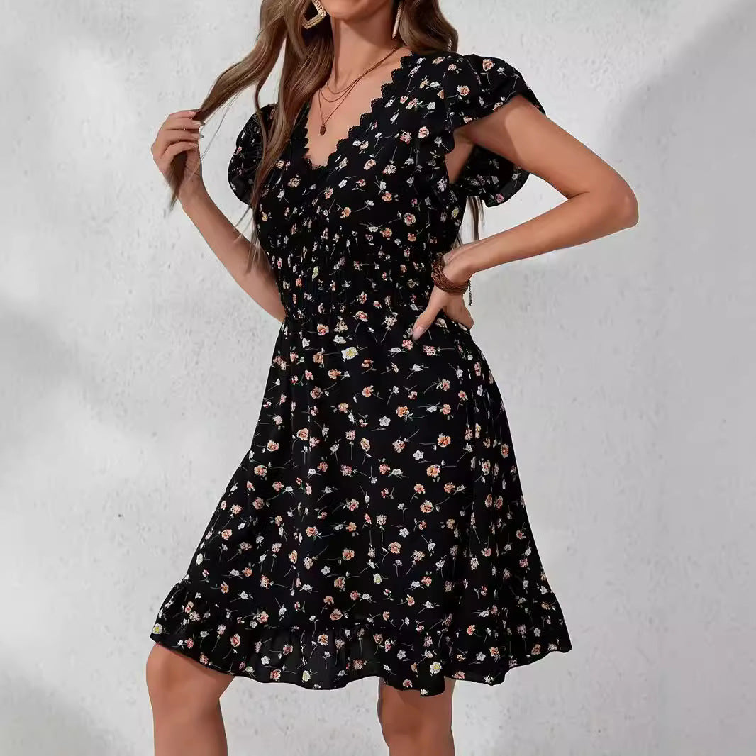 A lace V-neck elegant fashion flower print dress
