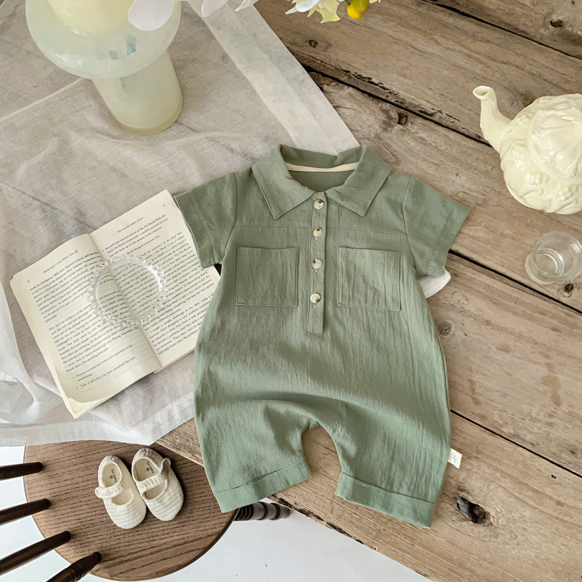 A children's clothing in stock Instagram style Korean version baby short sleeved jumpsuit for boys with open chest lapel work piece climbing suit - Mixbatch