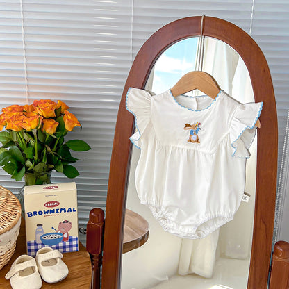 A baby summer new female treasure rabbit embroidery bag fart Ha clothes full moon 100 days clothes flying sleeves princess crawling clothes thin - Mixbatch