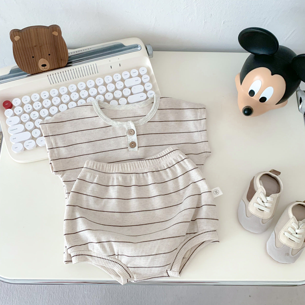 A children's clothing stock INS baby striped waffle set summer short sleeve shorts set for men and women - Mixbatch