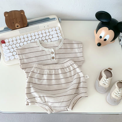 A children's clothing stock INS baby striped waffle set summer short sleeve shorts set for men and women - Mixbatch