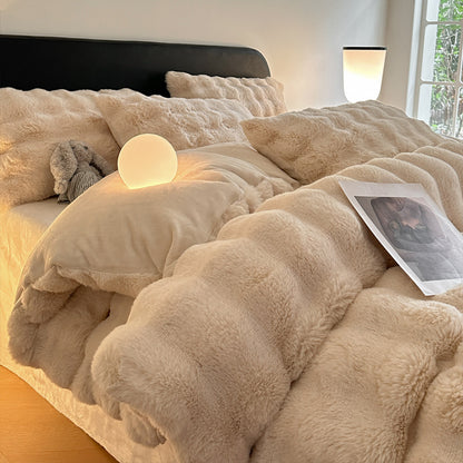 Class A 400 high gram weight light luxury sense of luxury winter thickened rabbit rabbit down four-piece set milk velvet warm quilt cover solid color 4.0kg - Mixbatch