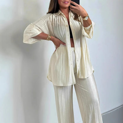 A European and American fashion women's clothing independent station lapel breasted loose long-sleeved pleated cardigan top trousers two-piece set