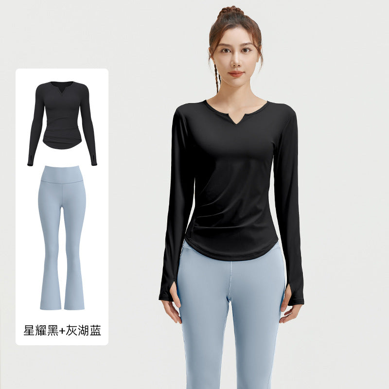 A autumn v-neck yoga suit pleated naked feeling slim and thin long fitness suit women