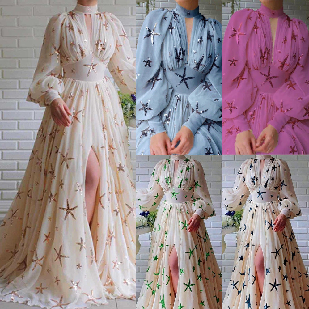 A new multi-color semi-turtleneck sequined slit lantern sleeve pendulum dress chiffon dress