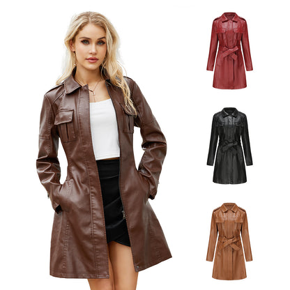 A women's long-sleeved leather jacket