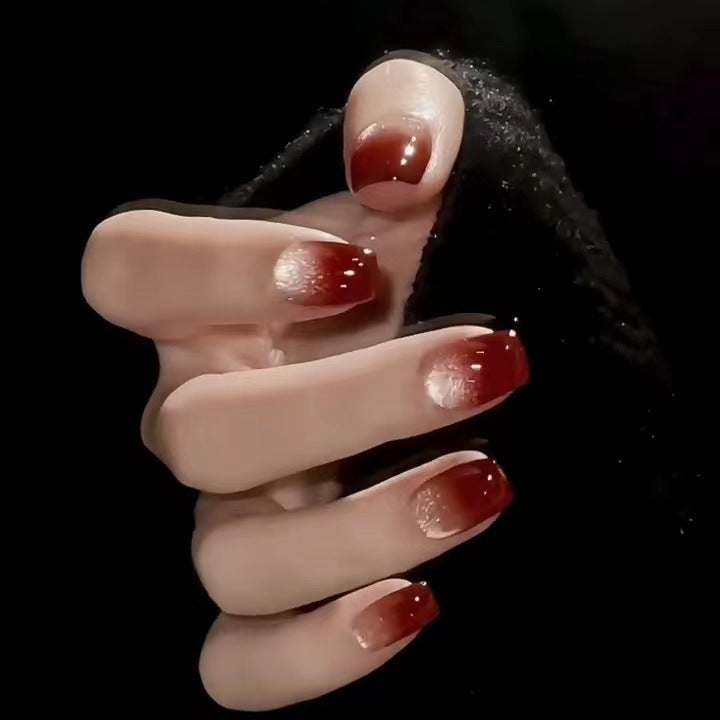 A-020 [30 pieces] Autumn and winter advanced white short red gradual change cat's eye nail sticker wearing nail New Year's beauty - Mixbatch