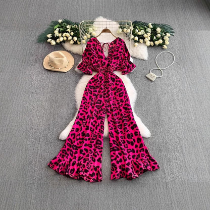 A European and American style sexy V-neck short-sleeved waist and thin leopard print jumpsuit temperament ruffle edge wide-leg pants