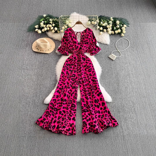 A European and American style sexy V-neck short-sleeved waist and thin leopard print jumpsuit temperament ruffle edge wide-leg pants