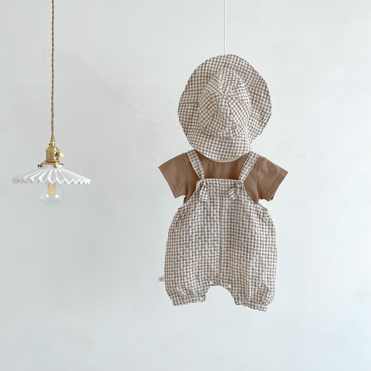 A children&#039;s summer Korean plaid bib suit ins baby boy and girl baby round neck T-shirt two-piece hat - Mixbatch