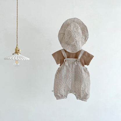 A children&#039;s summer Korean plaid bib suit ins baby boy and girl baby round neck T-shirt two-piece hat - Mixbatch