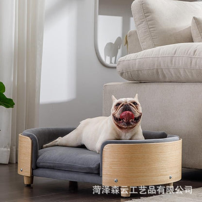 A solid wood pet bed