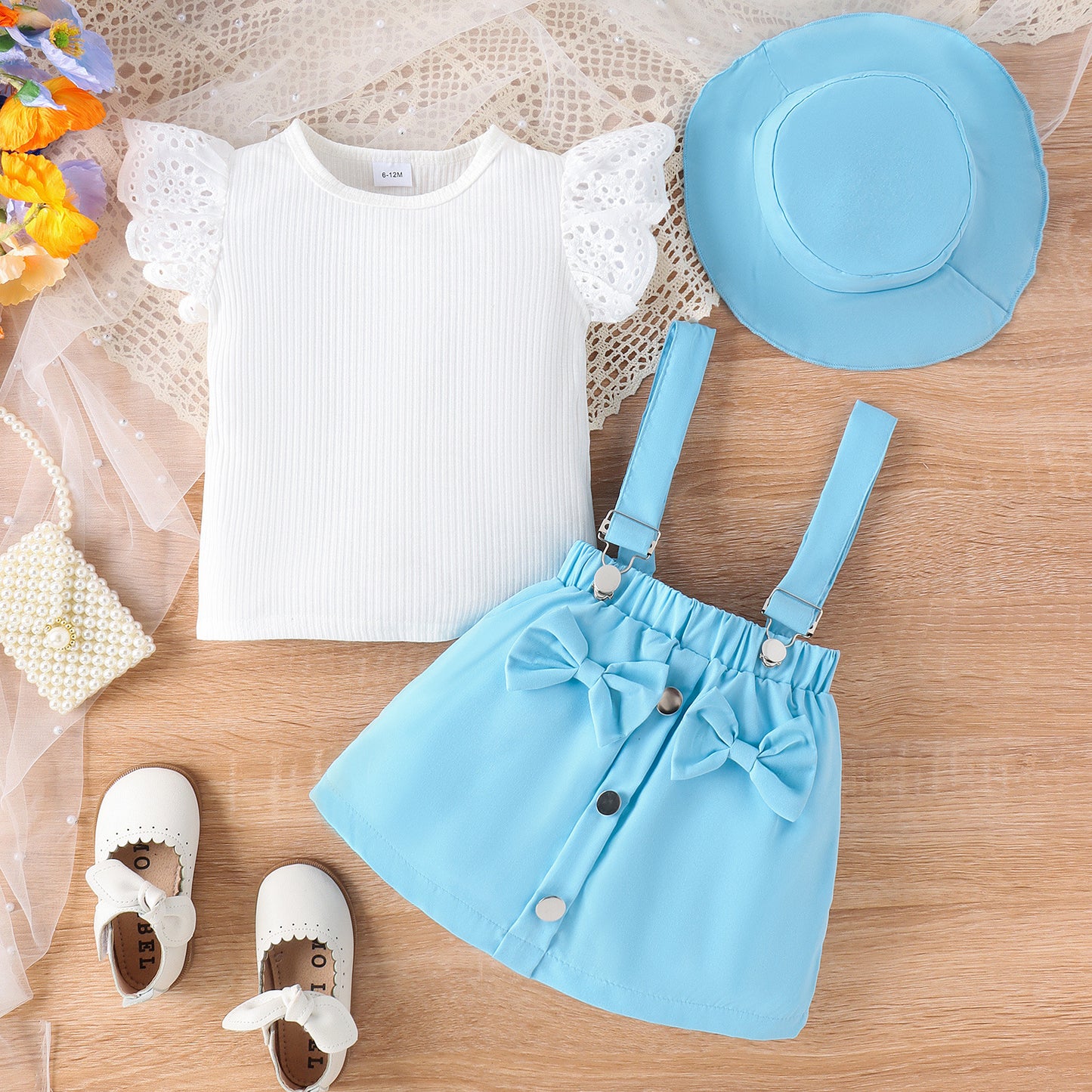 Amazon Spring/Summer New Children's Lace Flying Sleeves Top+Solid Color Strap Short Skirt+Hat Girls' Set - Mixbatch