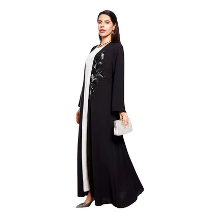 New handmade beaded Middle Eastern Muslim clothing long dress fashionable and elegant cardigan contrasting color dress robe - Mixbatch