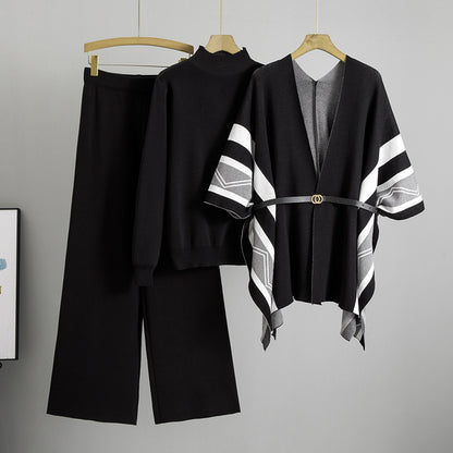 A knitted shawl sweater pants three-piece set