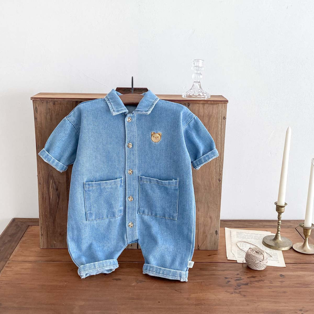A baby spring and autumn denim jumpsuit for boys and girls, cartoon teddy bear with open buckle, long crawling clothes for newborns - Mixbatch