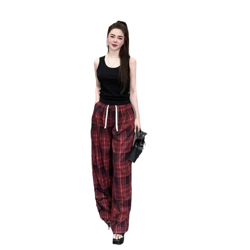 A sports suit women's summer new solid color sleeveless vest top with plaid wide-leg pants casual two-piece trendy