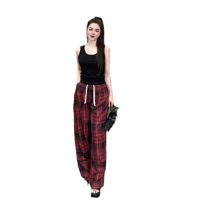 A sports suit women's summer new solid color sleeveless vest top with plaid wide-leg pants casual two-piece trendy