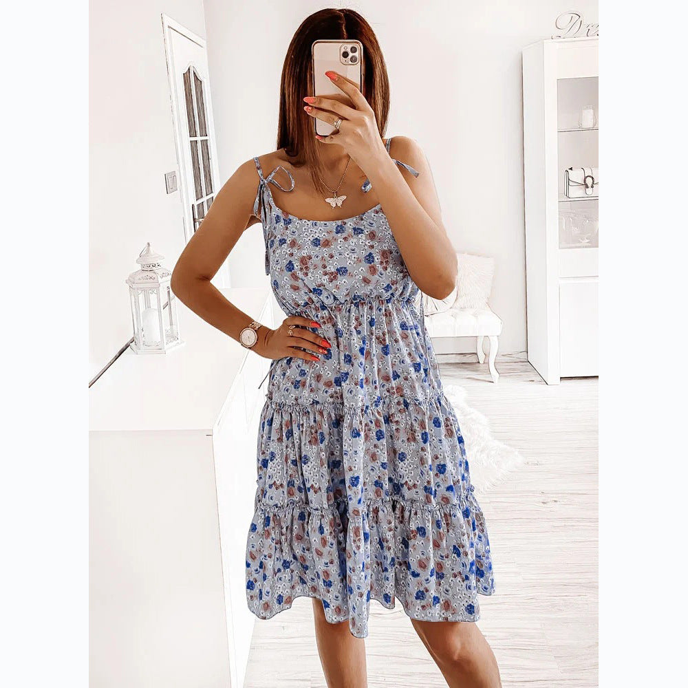 A small floral digital printing fresh and sweet wind suspender dress 8558