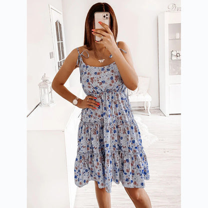 A small floral digital printing fresh and sweet wind suspender dress 8558
