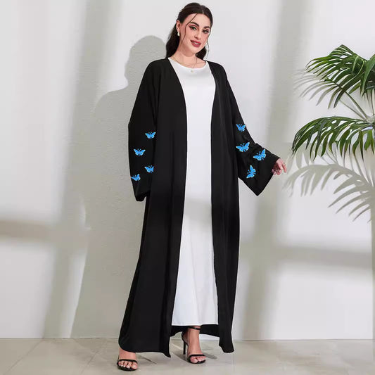 Middle Eastern Muslim Clothing Long Dress Fashion Elegant Pocket Cardigan Embroidered Butterfly Dress Robe - Mixbatch