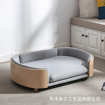 A solid wood pet bed