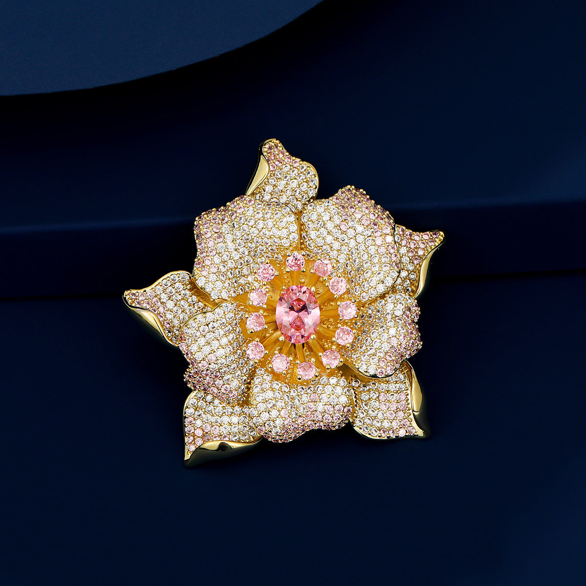 A European and American heavy industry high-end design light luxury full of zirconium micro-inlaid pink gemstone peony flower brooch fashionable versatile pin batch - Mixbatch