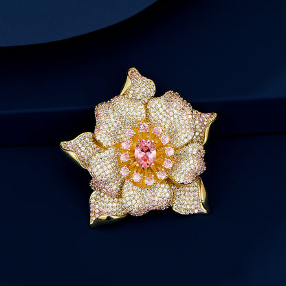 A European and American heavy industry high-end design light luxury full of zirconium micro-inlaid pink gemstone peony flower brooch fashionable versatile pin batch - Mixbatch