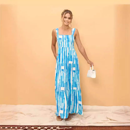 A fresh and sweet cross-border spring and summer style, striped printed one-word collar lace-up dress 88116