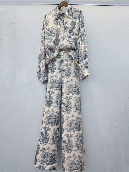 A Women's Retro Geometric Printed Lapel Shirt Two-piece Set + Loose Straight Pants Fashion Set