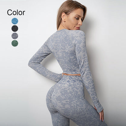 A new outdoor sports yoga top women's seamless long-sleeved yoga clothes vest trousers fitness set wholesale