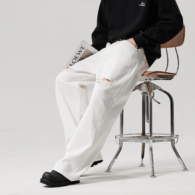 A straight white ripped jeans fashion trendy long pants