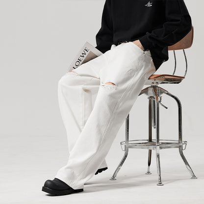 A straight white ripped jeans fashion trendy long pants