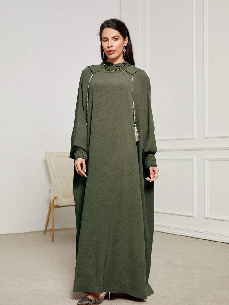 Cross-border new Muslim Middle East Arabian hooded hijab long dress rope fashion elegant dress robe - Mixbatch