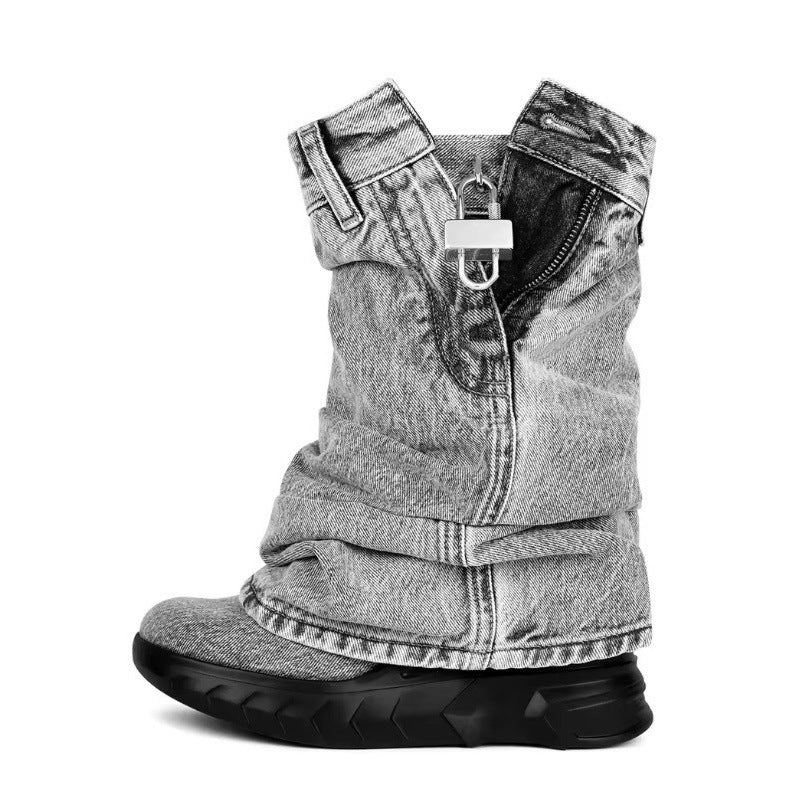 A Round Head Thick Bottom Wedge Heel Black Denim Metal Lock Shark Boots Short Large Size Pants Boots
