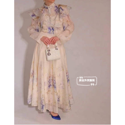A European summer new heavy craft ruffle edge lantern sleeve shirt + large skirt set