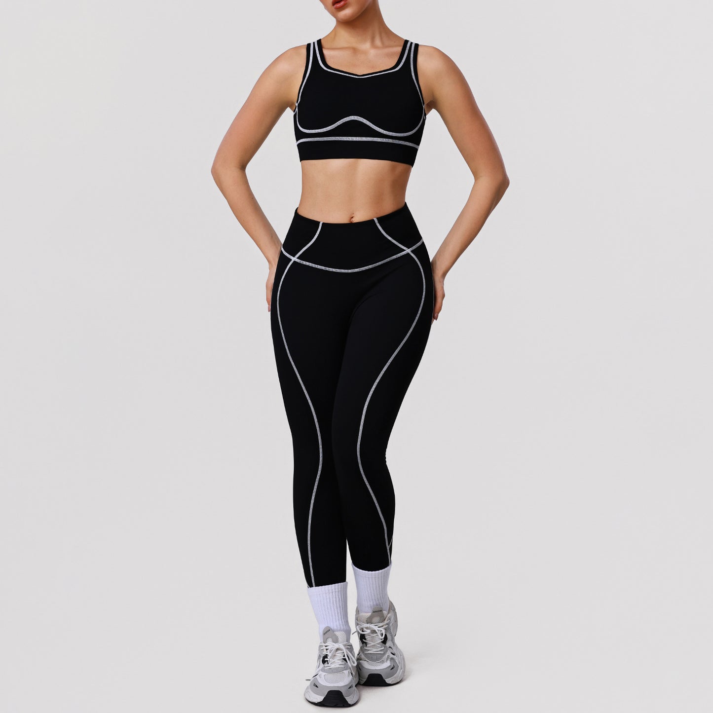 A High-intensity nude contrasting color yoga suit, sports training leggings, shock-proof bra, fitness running suit