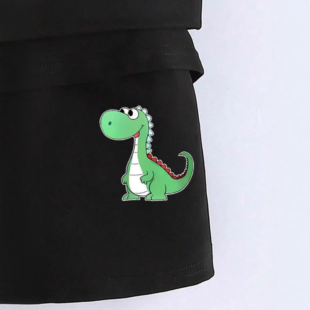 A European, American and foreign trade Amazon summer new hot sale green love dinosaur printing children's clothing set short-sleeved T-shirt shorts