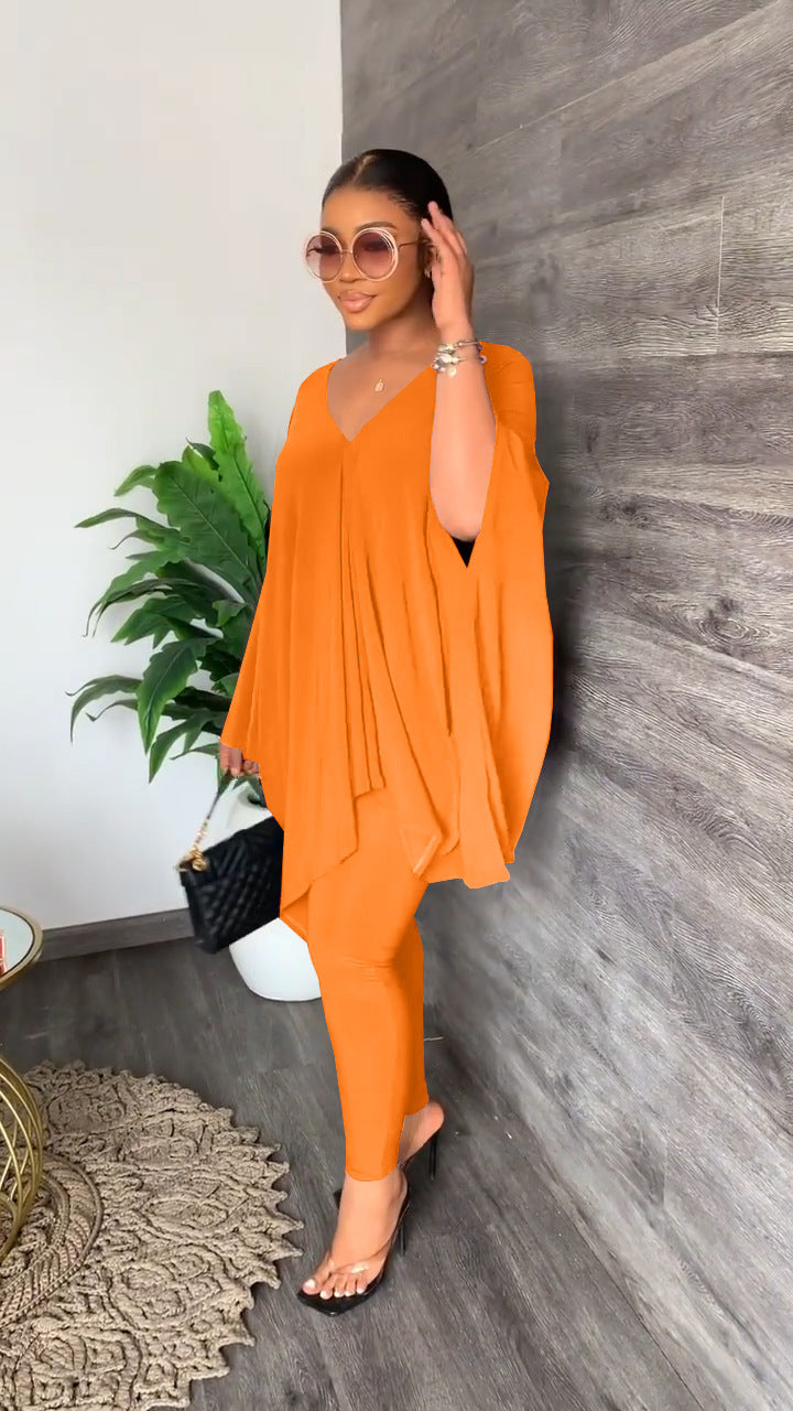 A long-sleeved v-neck suit