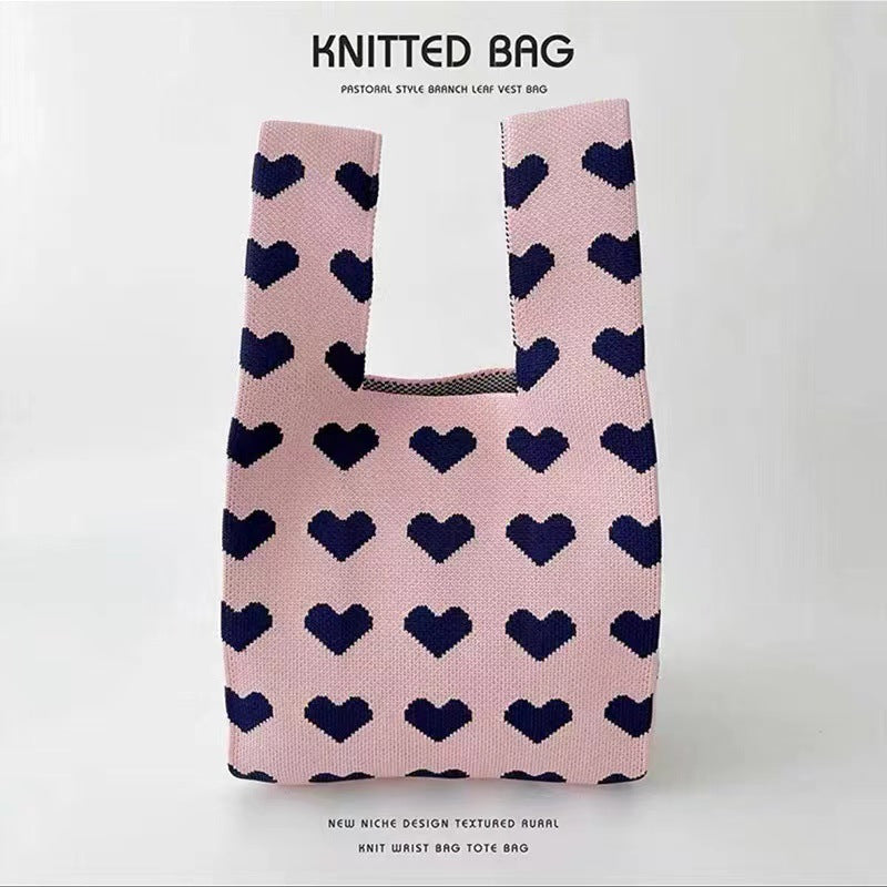 A Internet celebrity handbag women's knitted wool bucket bag Japanese and Korean version versatile hand carry casual tote bag box lunch bag y