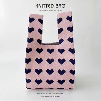 A Internet celebrity handbag women's knitted wool bucket bag Japanese and Korean version versatile hand carry casual tote bag box lunch bag y