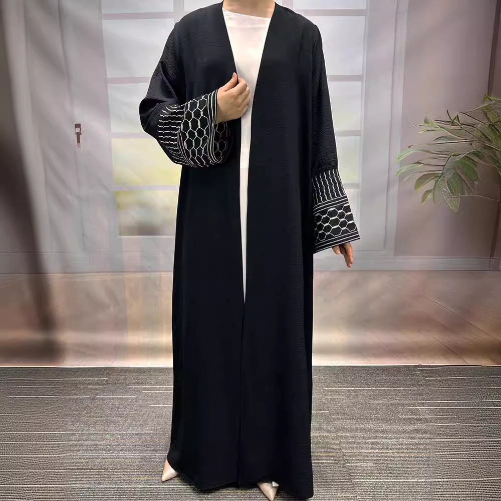 Middle Eastern Muslim Clothing Fashion Elegant Pocket Cardigan Embroidered Lace-Up Dress Robe - Mixbatch