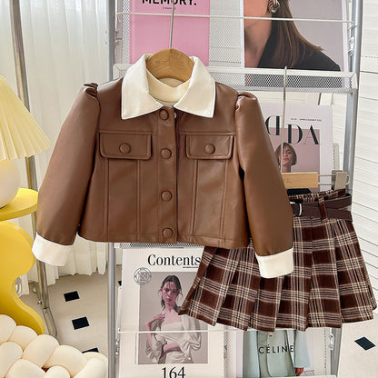 A children's leather jacket skirt set