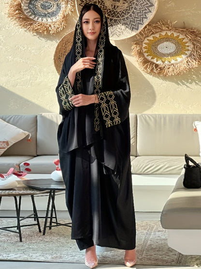 New women's Muslim clothing temperament elegant cardigan robe bat sleeve gold thread embroidered headscarf - Mixbatch