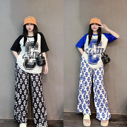 A Thai fashion suit women's summer new loose contrasting color short-sleeved wide-leg pants casual Hong Kong style age reduction two-piece set