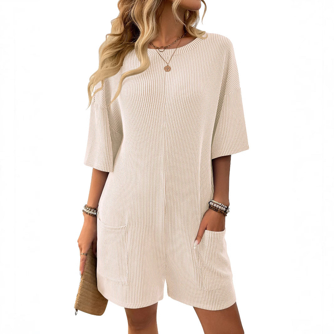 European and American cross-border Amazon independent station 2025 new products for women's loose pockets V-neck short-sleeved jumpsuits