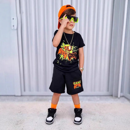 A European, American and foreign trade Amazon summer new hot-selling gamepad printed children's clothing set short-sleeved T-shirt shorts